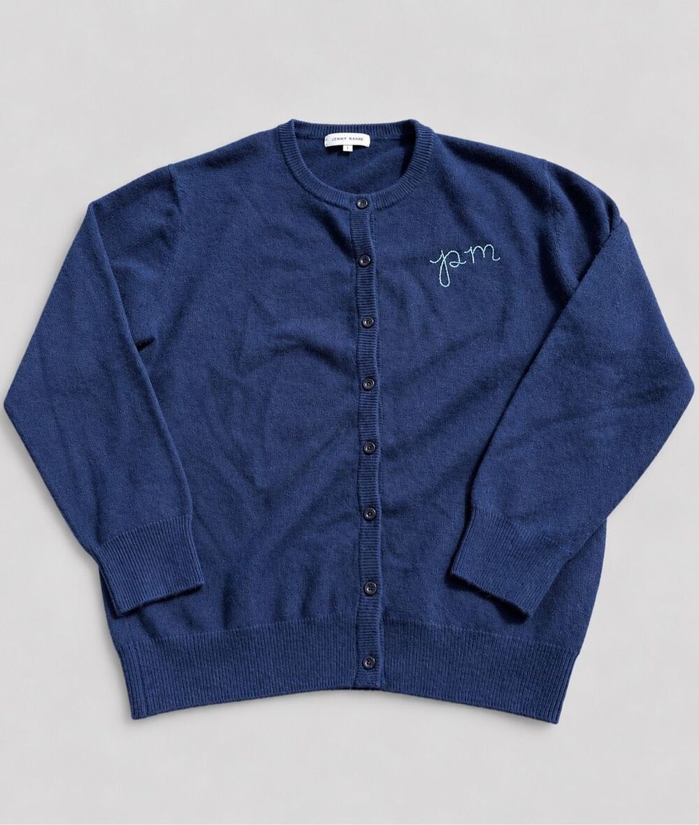 Lingua Franca Classic Cardigan 100% Cashmere Navy Wm’s M Embroidered PM Quiet Lu